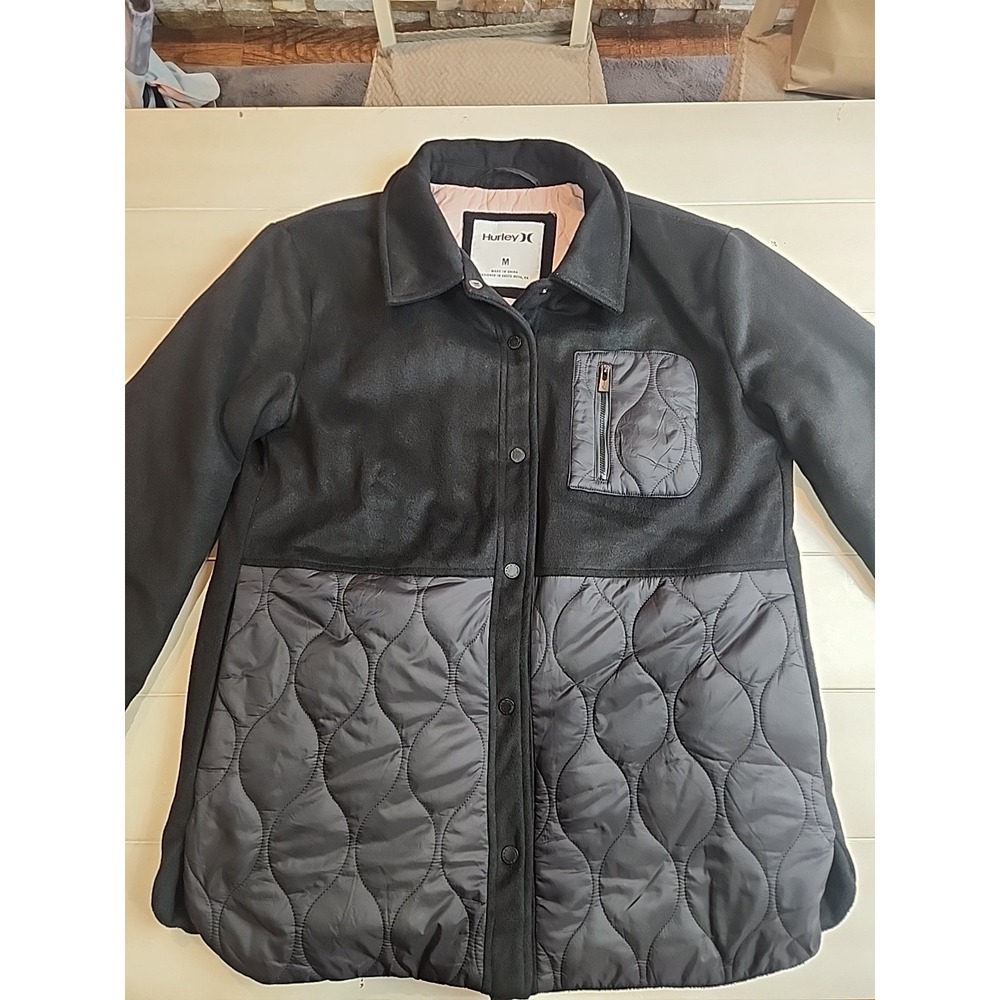 Hurley Womens Tilden Mixed Media Jacket Medium Black Quilted Lowerβ Full Snap